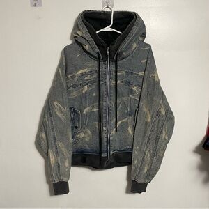 mnml Denim Double Hoodie Distressed Zip-Up Bomber Jacket